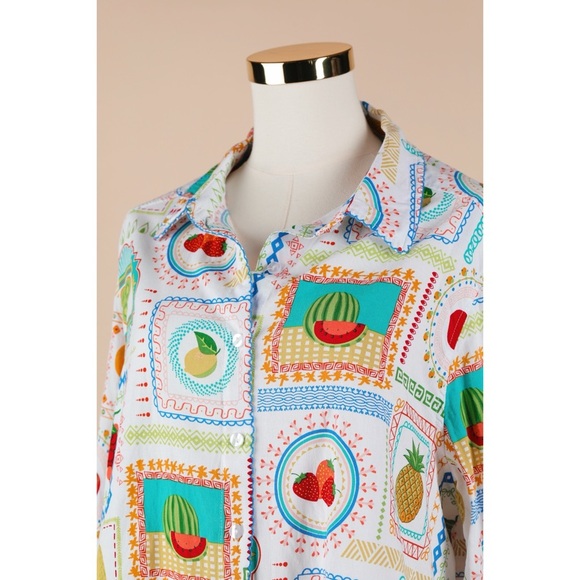Sz 1X Jane + Delancey Vibrant Mixed Fruit Linen Button Down Blouse EUC - Picture 2 of 5